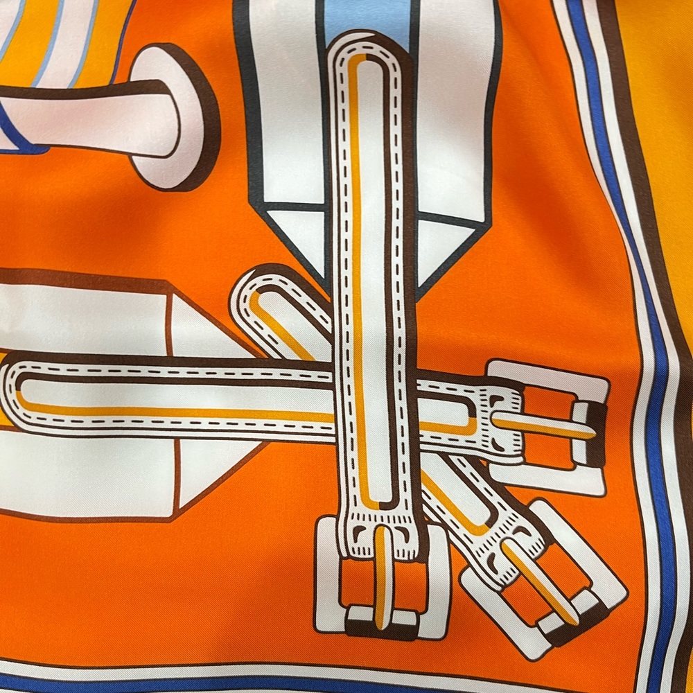 Authentic HERMES Carre 140 cm Scarf "Les Sangles" Silk Orange New!orig. $950